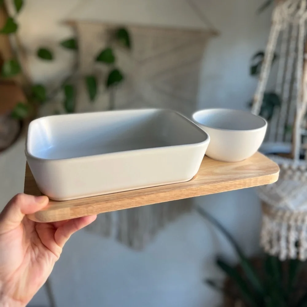 Aldi Crofton Chip and Dip Serving Set - 3-Piece Stoneware and Wood - 12x7”